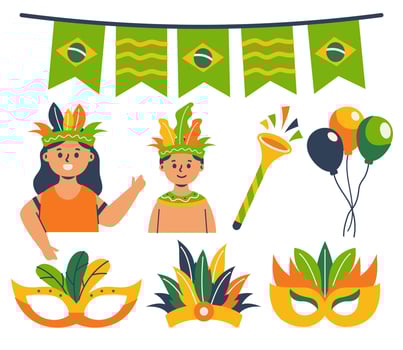 Cheerful Brazillian Carnival Celebration with Festive Decorations and Characters vector