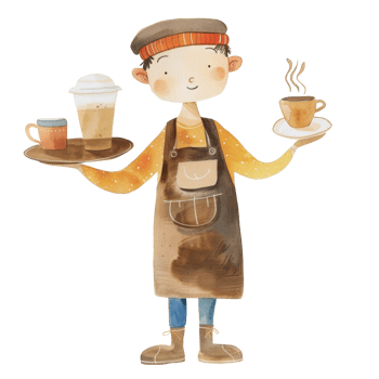 Watercolor cute barista man wearing brown apron and vintage hat holding a cup of hot and iced latte on wooden plate. Cartoon character clip art element illustration png