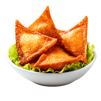 Golden Fried Dumplings Served in White Bowl with Fresh Lettuce Garnish png