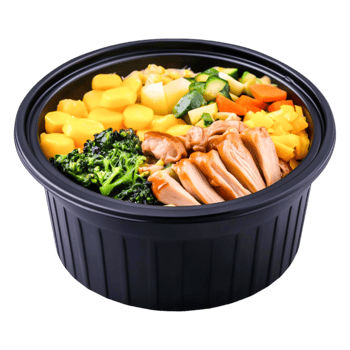 Colorful Healthy Meal Bowl with Chicken, Broccoli, Potatoes, and Vegetables png