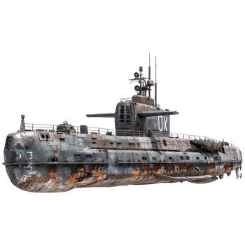 Rusty Old Submarine Wreckage Digital 3D Render of a Wartime Vessel png