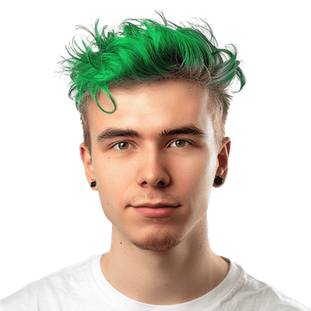 Portrait of a young man with vibrant green hair and black earrings png