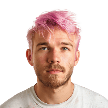 Portrait of a young man with pink hair and a light beard wearing a white shirt png
