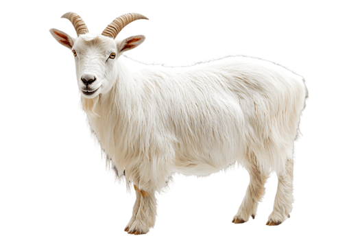 Majestic White Mountain Goat Standing Tall with Horns on Transparent Background in a Striking Animal Portrait Isolated and Free of People png