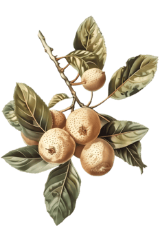 Medlar Fruits on a Branch with Green Leaves Isolated on Transparent Background in Close Up Detailed Still Life Cutout png