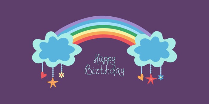 Greeting card decor, party invitation. Funny cartoon Rainbow, clouds, stars. Hearts, flowers. Hand lettering Happy Birthday. vector