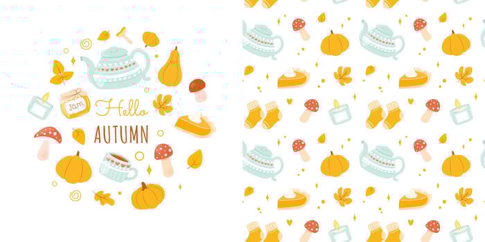 Set of cute autumn seamless pattern and hello autumn card with fall seasonal elements - pumpkin, leaves, mushrooms, pumpkin pie, teapot, cozy mug. Hand drawn flat cartoon illustration vector