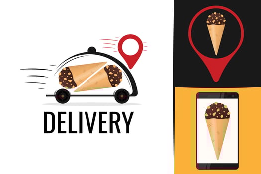 Delivery icecream logo. Sweet treat vehicle symbol. Online order graphic vector