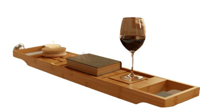 Wooden bath tray with book and wine glass on transparent background png