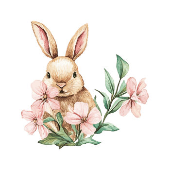 Cute rabbit in flowers, watercolor illustration on a white background. Easter bunny, spring flowers png
