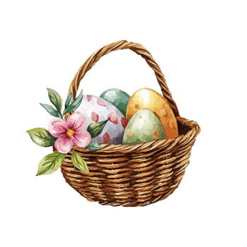 Watercolor Easter Basket with Eggs and Flowers. Festive holiday illustration png