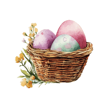 Easter Basket with Colorful Eggs and Flowers Hand Painted png