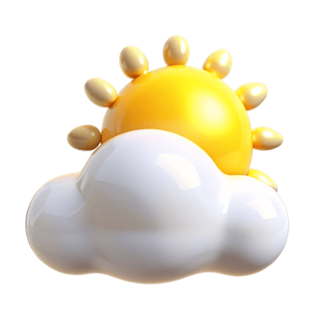 A 3D rendering of a sun peeking behind a fluffy cloud weather icon illustration graphic design png