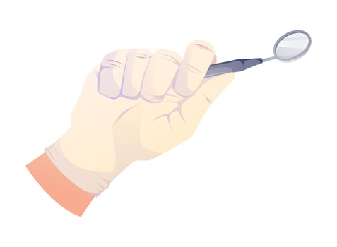 Dentist's hand holding dental mirror tool. isolated cartoon illustration of a gloved hand with a medical instrument for oral examination. Stomatology, dentistry, and healthcare concept. vector