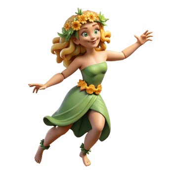 dramatic traditional A beautiful wood nymph with flower garlands in her hair, dancing in a sunlit forest clearing. Impressionist style premium png