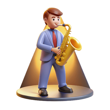 magnificent contemporary A cartoon musician playing a saxophone, bathed in the warm glow of a spotlight on a stage, illustrated in a smooth and jazzy cartoon style professional png