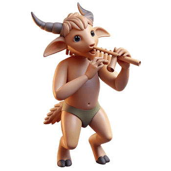 magnificent classic A whimsical satyr with the legs of a goat and the torso of a man, playing a pan flute in a forest glade. Soft, dappled lighting. Mythological style high resolution png