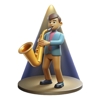 magnificent traditional A cartoon musician playing a saxophone, bathed in the warm glow of a spotlight on a stage, illustrated in a smooth and jazzy cartoon style premium png