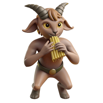 vibrant rustic A mysterious satyr with goat legs and a mischievous grin, playing a pan flute in a forest glade. Soft, dappled sunlight. Classical mythology style professional png