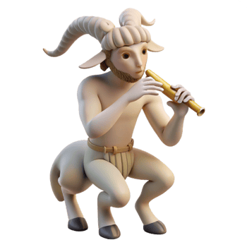 serene vintage A whimsical satyr with the legs of a goat and the torso of a man, playing a pan flute in a forest glade. Soft, dappled lighting. Mythological style original png