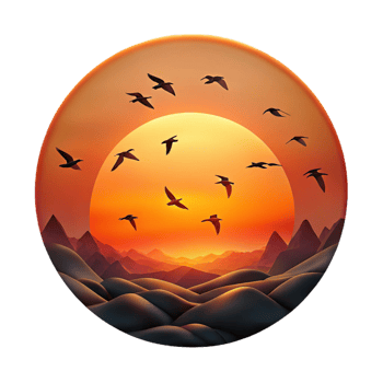 impressive artistic A flock of migratory birds silhouetted against a fiery sunset, dramatic lighting, minimalist art style exclusive png