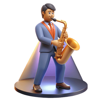 dramatic creative A cartoon musician playing a saxophone, bathed in the warm glow of a spotlight on a stage, illustrated in a smooth and jazzy cartoon style authentic png