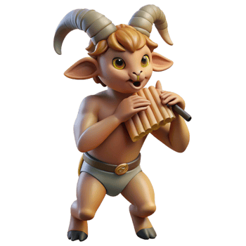 serene artistic A mischievous satyr with goat legs and a mischievous grin, playing a pan flute. Classical painting style, warm lighting genuine png