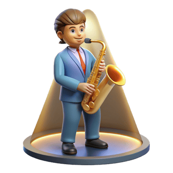 vibrant contemporary A cartoon musician playing a saxophone, bathed in the warm glow of a spotlight on a stage, illustrated in a smooth and jazzy cartoon style professional png