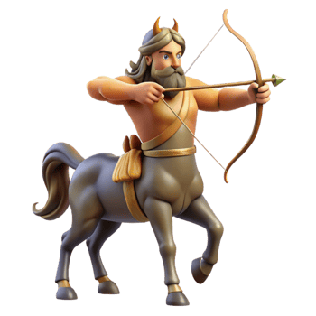 dramatic classic A wise old centaur with a bow and arrow, aiming at a distant target. Classical painting style, warm lighting 4K png