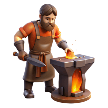 wonderful traditional A skilled Hephaestus forging a weapon in his fiery forge. Realism style. Fiery, industrial lighting 4K png
