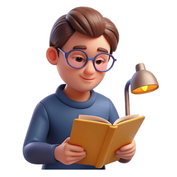 vibrant contemporary Portrait of a student with a focused expression, wearing glasses and reading a book, lit by a desk lamp, in a realistic style professional png