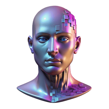 impressive classic A holographic projection of a human face disintegrating into pixels, glitchy and distorted, cyberpunk style professional png