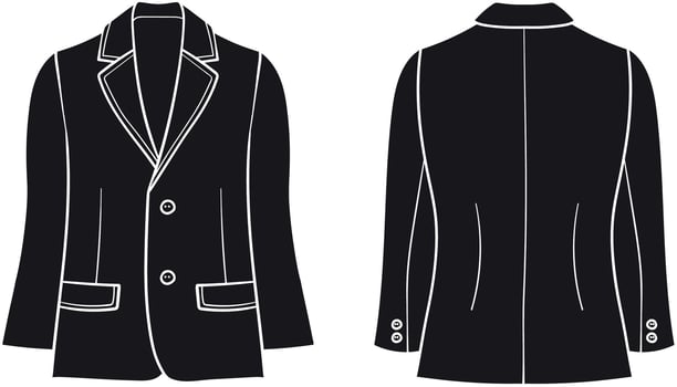 silhouette black illustration of a blazer, shown from both front and back views, featuring a structured lapel, button closure, and elegant pocket detail vector
