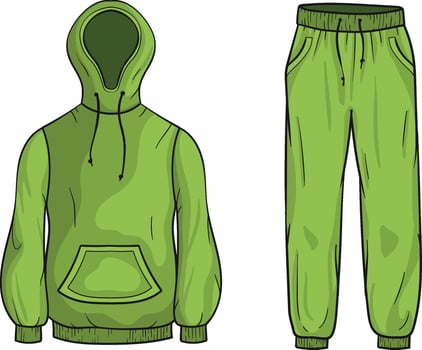 illustration of a green tracksuit of a hooded sweatshirt with a front pocket and drawstrings, with matching jogger pants featuring an elastic waistband and side pockets on white background vector