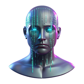 beautiful contemporary A holographic projection of a human face, fragmented and glitching, against a backdrop of binary code streaming down a dark screen. Cyberpunk style high resolution png