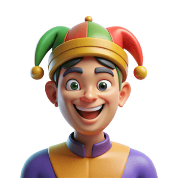 impressive traditional Portrait of a man with a mischievous glint in his eyes, wearing a jester's hat, lit by colorful, theatrical lighting, in a whimsical style high quality png