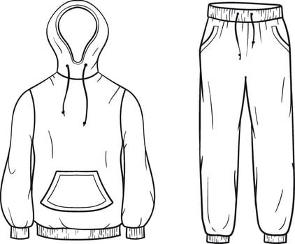 illustration of a line art tracksuit of a hooded sweatshirt with a front pocket and drawstrings, with matching jogger pants featuring an elastic waistband and side pockets on white background vector