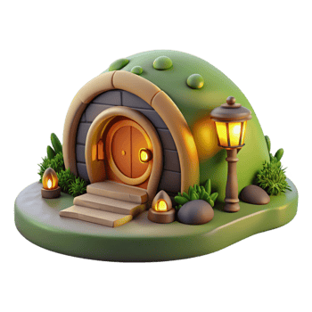 beautiful minimalist A cozy hobbit hole nestled into a hillside, warm firelight from within, children's book illustration style high quality png