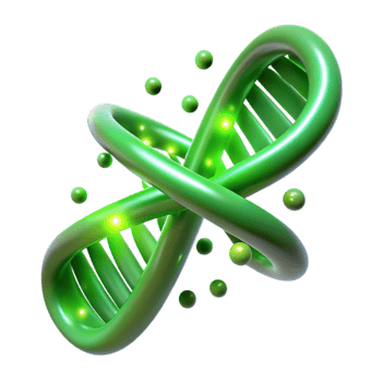 dramatic minimalist A DNA double helix transforming into a binary code stream, glowing with an ethereal green light, abstract and stylized high resolution png
