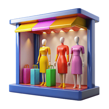 dramatic modern A brightly lit shop window displaying mannequins, consumerism theme, vibrant colors, pop art style exclusive png