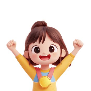 Cheerful Cartoon Girl Celebrating with Medal png