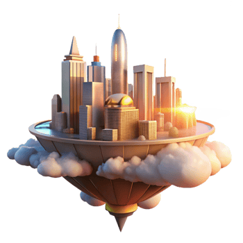 vibrant traditional A futuristic city floating among the clouds, illuminated by the warm, golden light of a setting sun. Utopian style genuine png