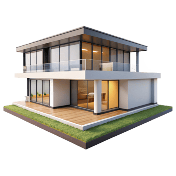 magnificent vintage Modernist villa, simple geometric forms, large glass windows, open floor plan, architectural rendering style authentic png