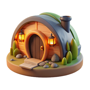 elegant contemporary A cozy hobbit hole nestled into a hillside, warm firelight from within, children's book illustration style 4K png