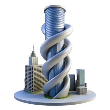 dramatic artistic Spiral skyscraper, twisting form, dynamic composition, futuristic city skyline, innovative architecture professional png