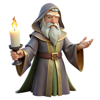 dramatic contemporary A wise old wizard with a long white beard and ornate robes, casting a spell with glowing runes, lit by flickering candlelight. Baroque painting style 4K png