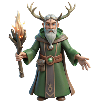 vibrant classic A wise druid with intricate tattoos and antler headdress, performing a ritual in a sacred grove. Soft, dappled forest lighting. Celtic mythology style high quality png