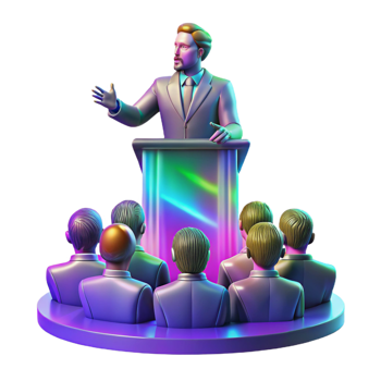 magnificent contemporary A holographic projection of a political leader addressing a crowd, distorted visuals, glitch art style, vibrant neon colors, dramatic lighting premium png