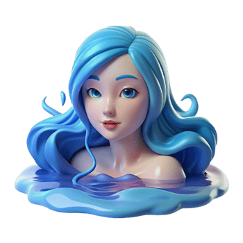 magnificent minimalist A serene water nymph with flowing blue hair and translucent skin, floating in a crystal-clear lake. Soft, shimmering lighting. Romantic style genuine png