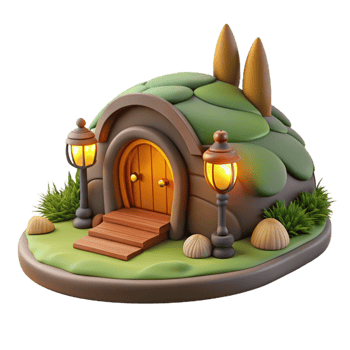 magnificent vintage A cozy hobbit hole nestled into a hillside, warm firelight from within, children's book illustration style high resolution png